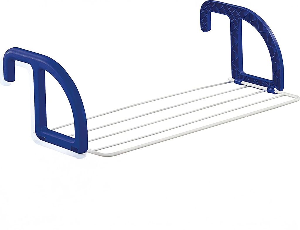 A blue and white drying rack for balconies.