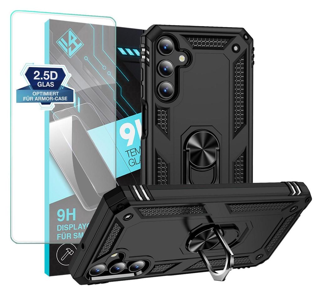 A black phone case with a ring holder and a screen protector.