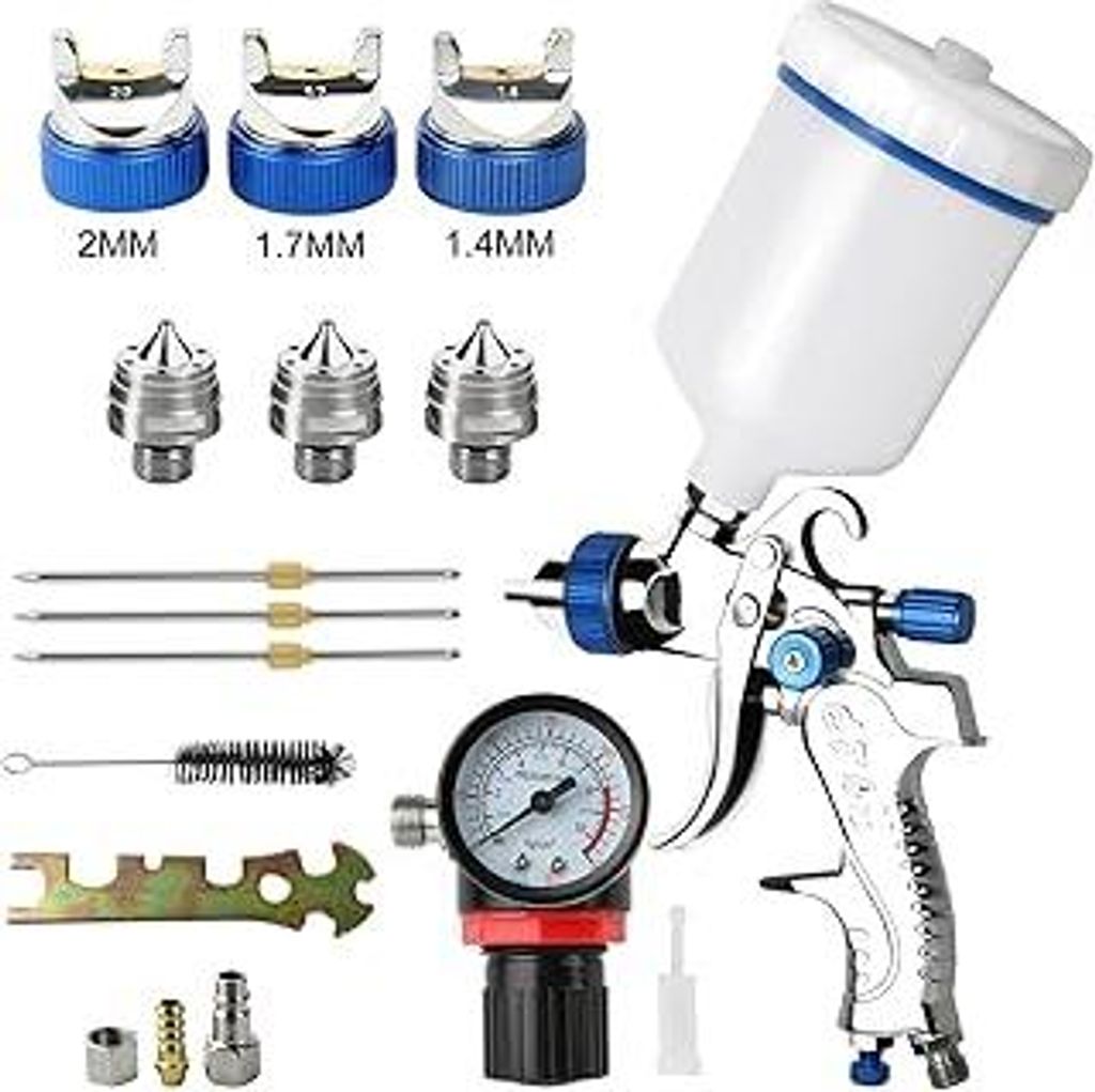HVLP Lackierpistole Spritzpistole 3 Düsen 1,4mm 1,7mm 2,0mm Profi Farbsprühsystem Spraypistole mit 600 ml Plastikbecher Mit Luftdruckregler