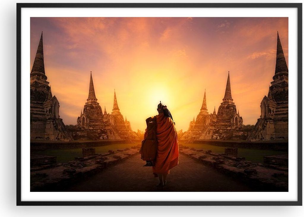Gerahmtes Poster - Schwarzer Rahmen - Tempel Mönch - 100x70 cm - Wand Bild - Wanddeko - Wandbilder - Kunstposter - Wandposter - Bilderrahmen - Bil...