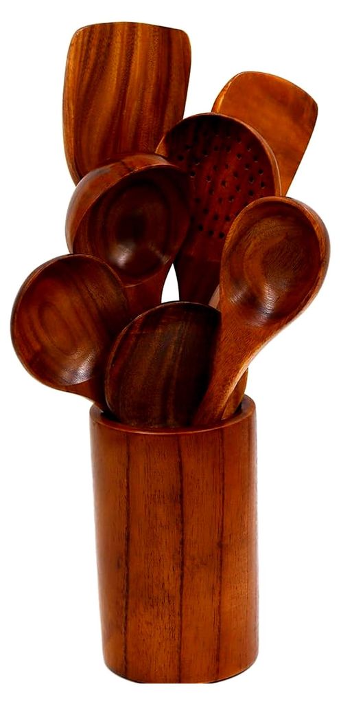 Küchenutensilien Set aus Holz | 8-teiliges Komplettset | antihaftbeschichtete Kochutensilien Löffel Pfannenwender Sieblöffel aus Teakholz | lang...