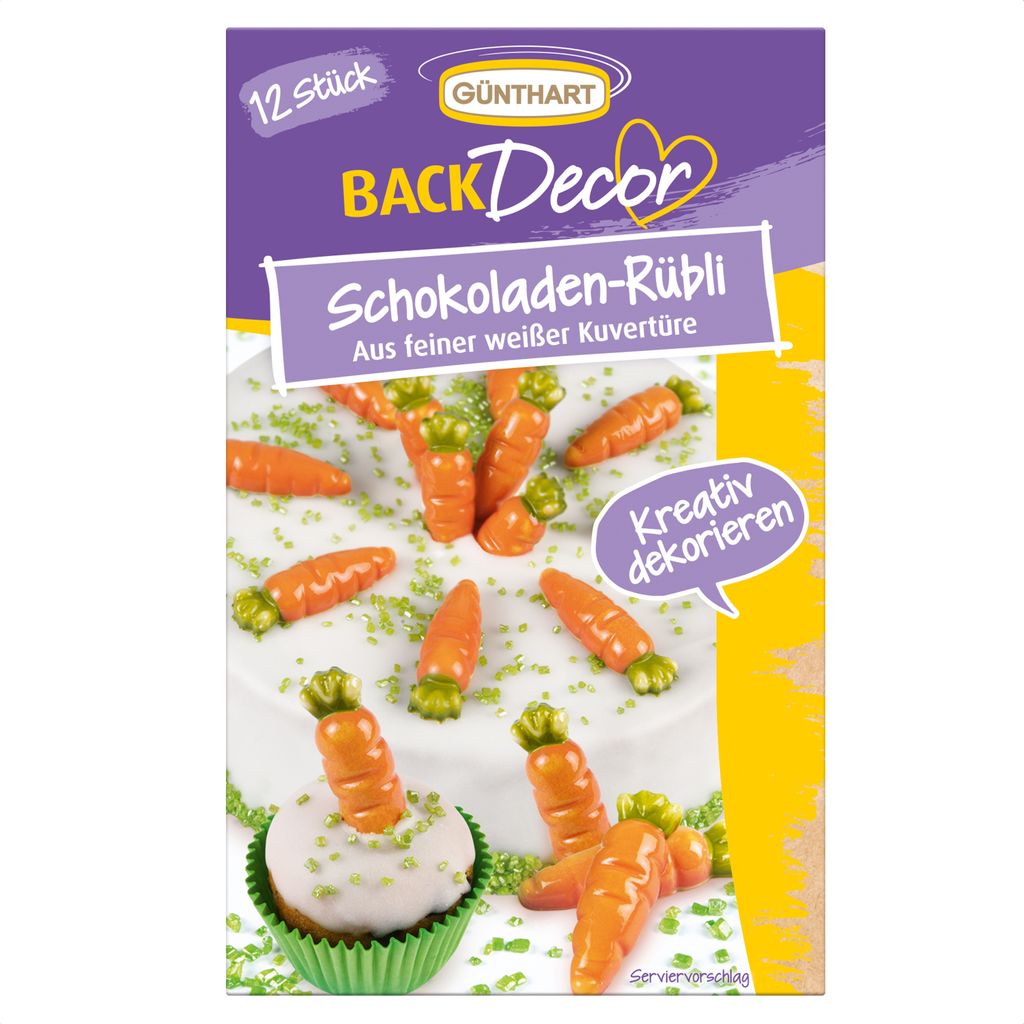 A package of chocolate carrot decorations for baking, with a picture of decorated cupcakes and carrots on a cake.