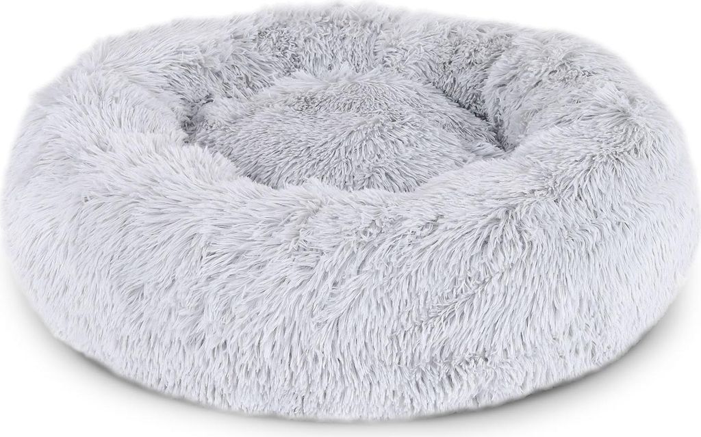 lionto Donut Katzenkissen, rundes Bett mit Plüschbezug & Anti-Rutsch-Boden, erhöhter Rand für Geborgenheit, 60 cm Durchmesser, hellgrau