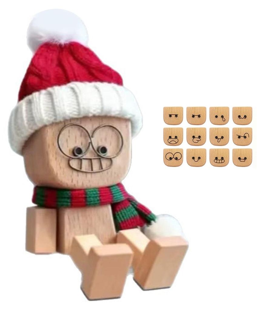 1 Set Weihnachtsmann-Figur aus Holz mit wackelnden Beinen und 12 magnetischen Gesichtsausdrücken, handgefertigt, lustig, für Auto-Armaturenbrett,...