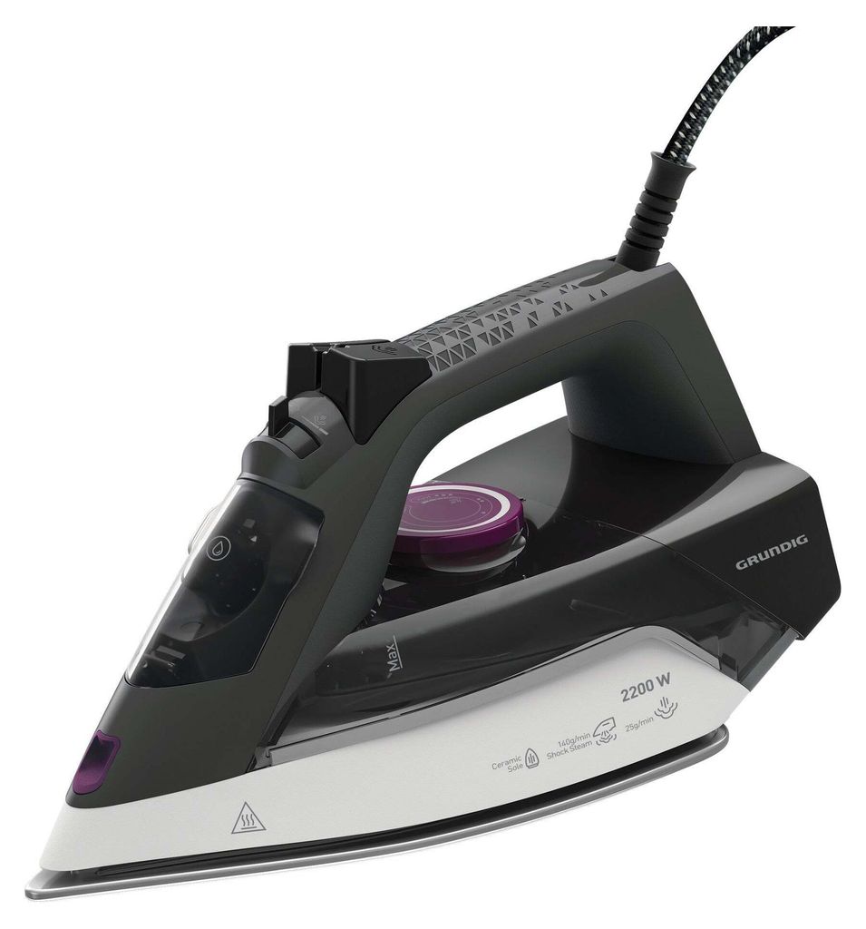 A studio shot of a GRUNDIG steam iron on a white background.