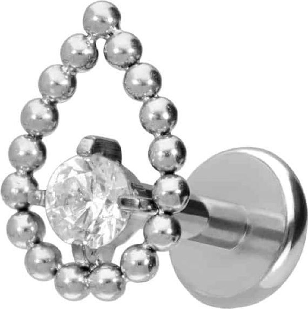 Ohrpiercing, Nasenpiercing Titan Labret mit Push Fit TROPFEN + KRISTALL Silber Stablänge: 7mm | Stabstärke: 1mm