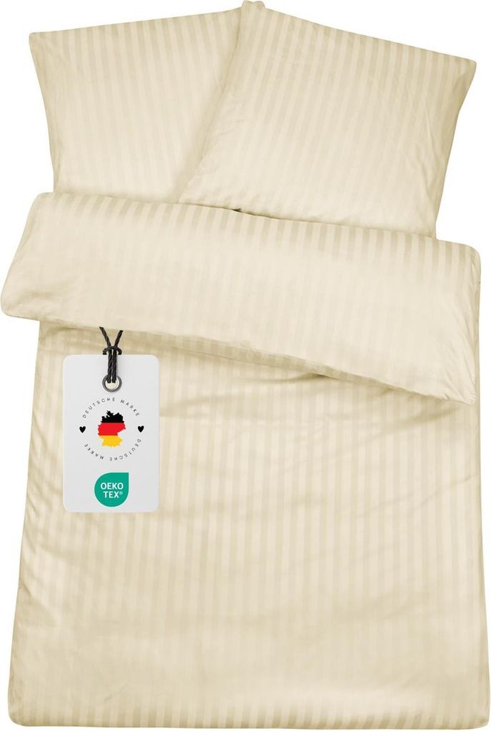 Damast Bettwäsche 135x200 Creme gestreift Hotelbettwäsche Bettbezug Set