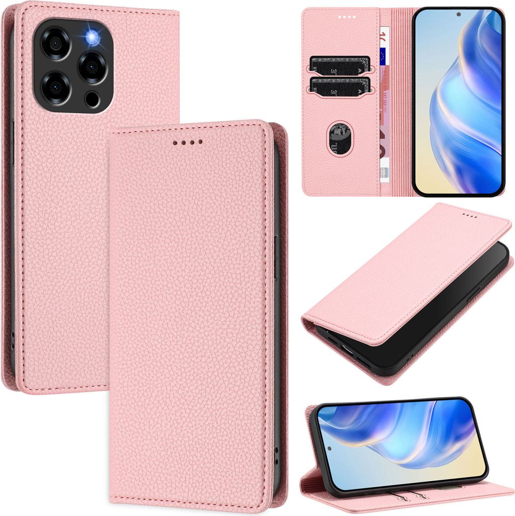 Litchi Leder Handyhülle für Doogee Note 58 / Note 58 Pro Wallet Kartenfächer Standfunktion Hülle Pink