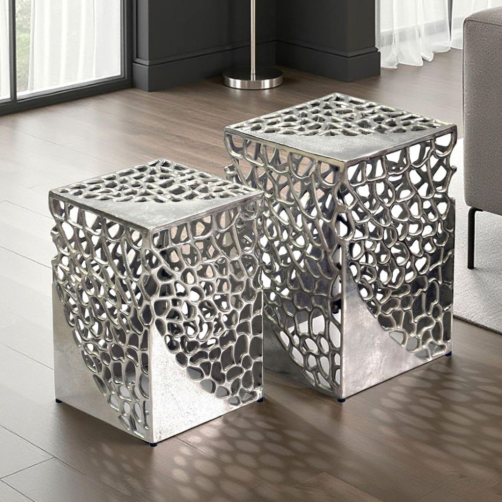 FineBuy 2er Set Beistelltisch Aluminium Silber Design Couchtisch Set Wohnzimmertisch modern Alu Sofatisch Set quadratisch Metall Satztisch Handmade