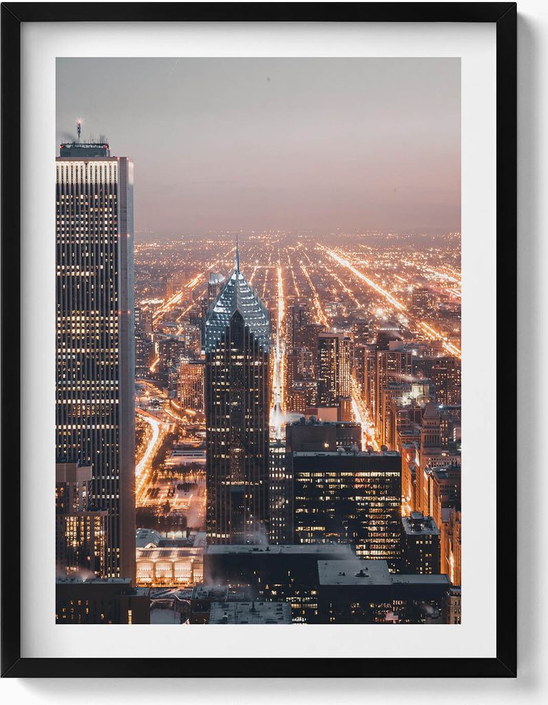 Abendliche Stadt– Wandbild mit Rahmen – Gerahmtes Bild – Wanddekoration – 60x80 cm – Schwarz Rahmen