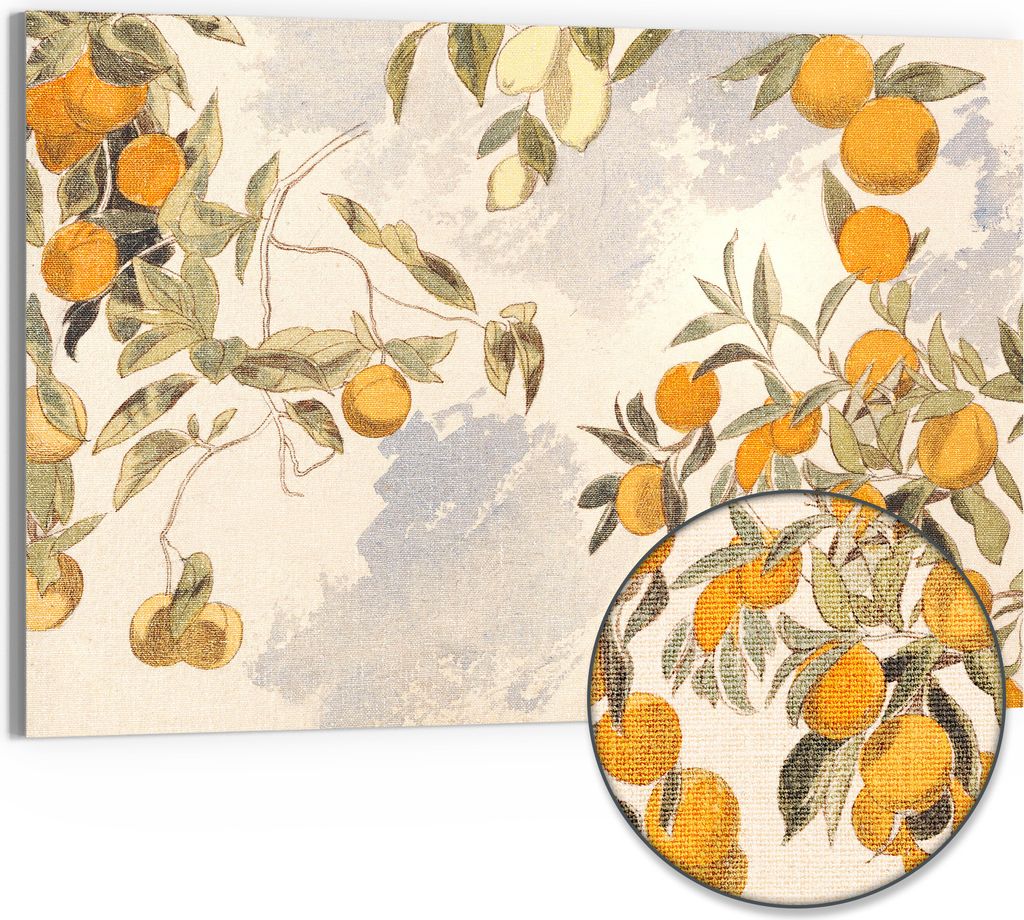 DEQORI Hybrid Leinwand Bild 90x60 cm 'Orangenpracht' Wandbild Glas flach modern