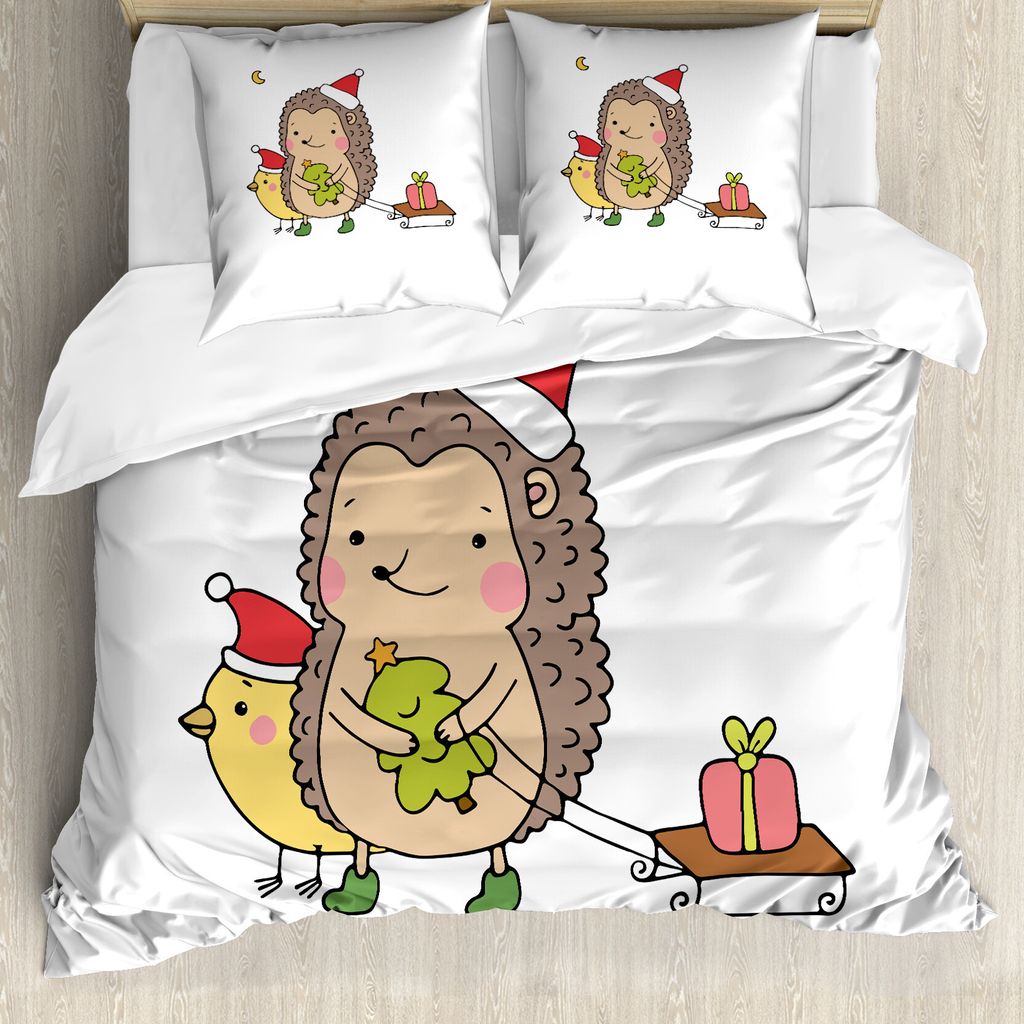 ABAKUHAUS Igel Bettbezug, Cartoon-Vogel und Baum, Milbensicher Allergiker geeignet mit Kissenbezügen, 155 cm x 220 cm - 80 x 80 cm, Mehrfarbig