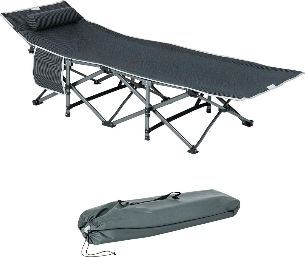 Campingbett, klappbares Feldbett mit Kopfkissen, 188 x 64,5 x 53 cm, Grau, Stahl