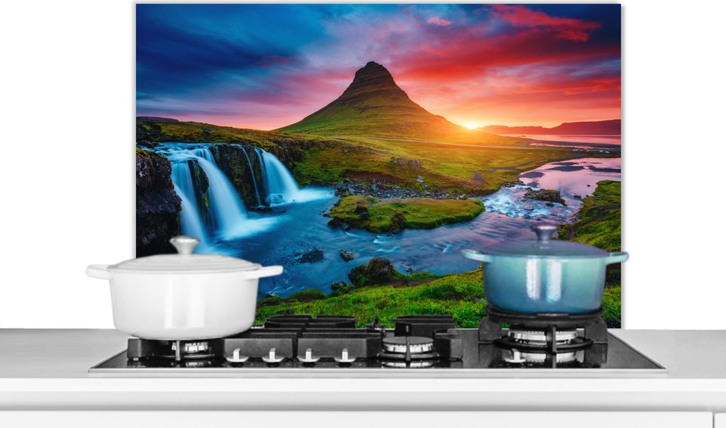 KitchenYeah Spritzschutz Küche - Küchenrückwand - Wandschutz für Herd und Spüle - Wasserfall - Berg - Moos - Sonnenuntergang - Natur 80x55 -...