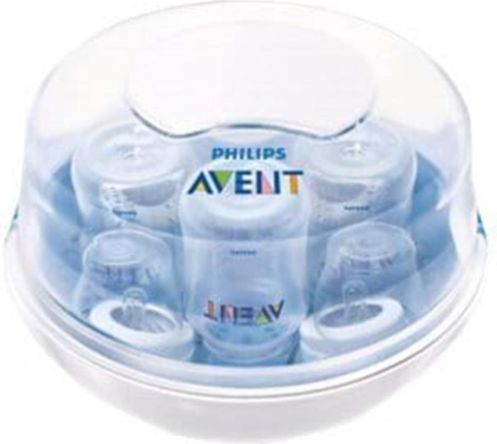 A Philips Avent microwave steam sterilizer with baby bottles inside.