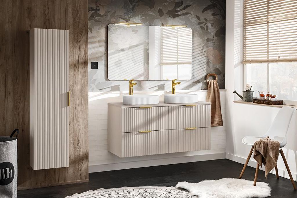 MONTIERT Design Badmöbel Set mit 2 Waschbecken ADEL CASHMERE 120 MDF SOFT-CLOSE komplettes Badmöbel Set