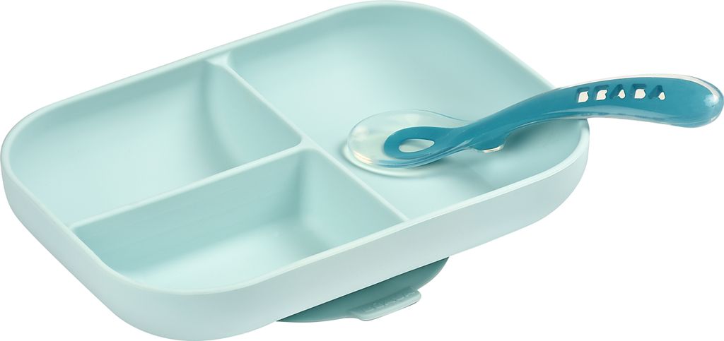 Geteilter Silikonteller + Löffel 2. Altersstufe - blau