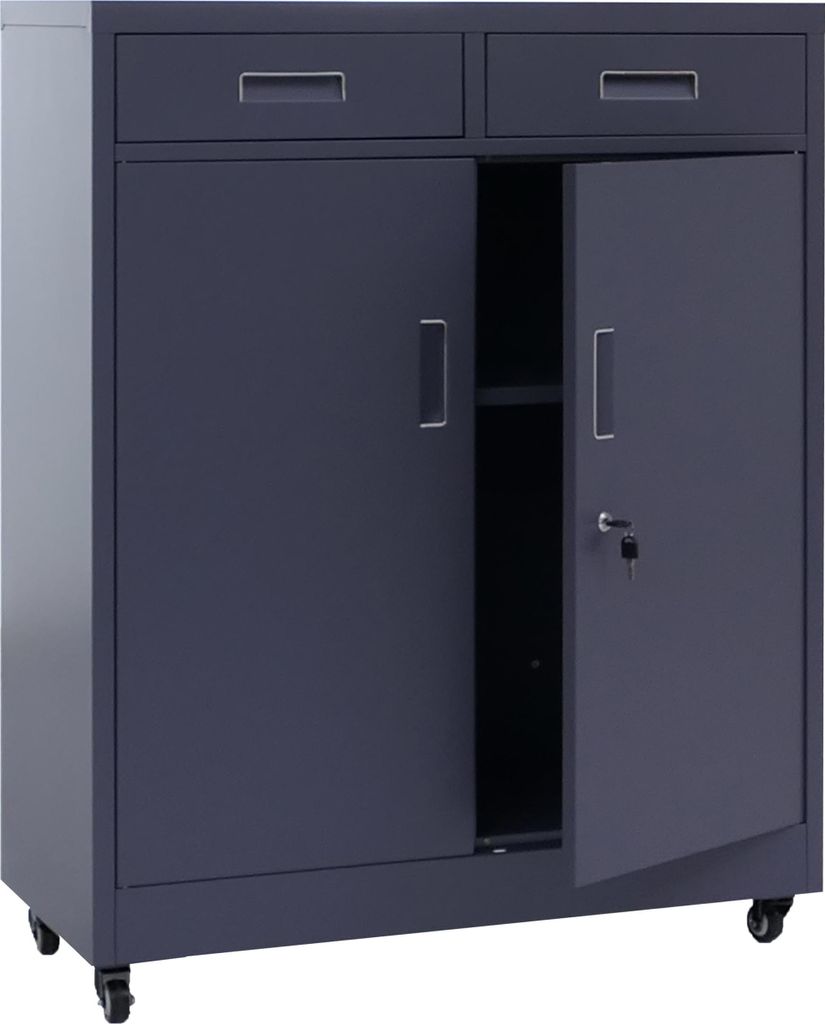 A dark gray metal filing cabinet with two drawers on top and two doors below, one of which is open.