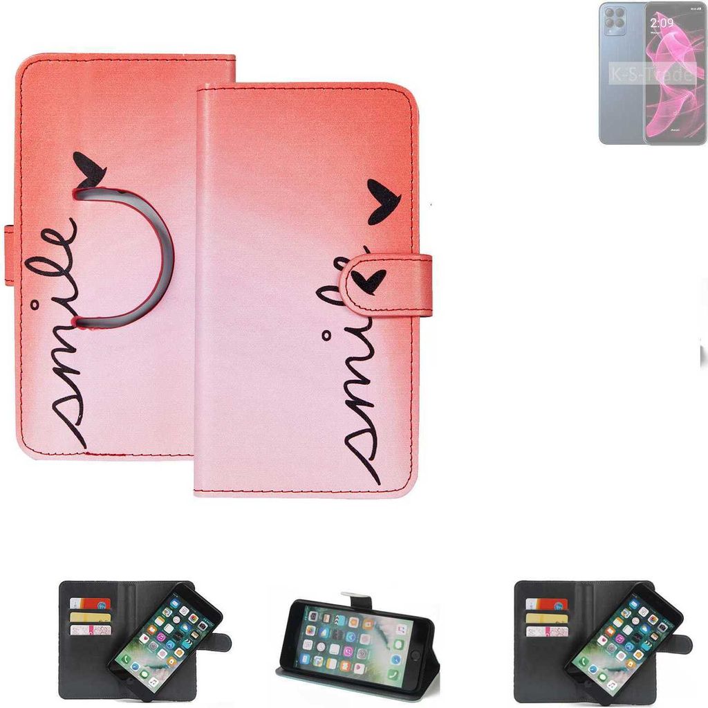K-S-Trade Schutzhülle Handyhülle kompatibel mit T-Mobile REVVL 6x Hülle cover bookstyle Etui ''smile'' rot Standfunktion Kameraschutz (1Stk)