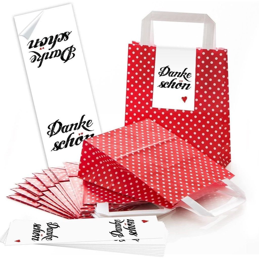 10 kleine rote Papiertüten 18 x 8 x 22 cm Henkel + Boden + 10 schwarz weiße DANKE-SCHÖN Aufkleber - Verpackung Geschenktüten give-away Kunden W...