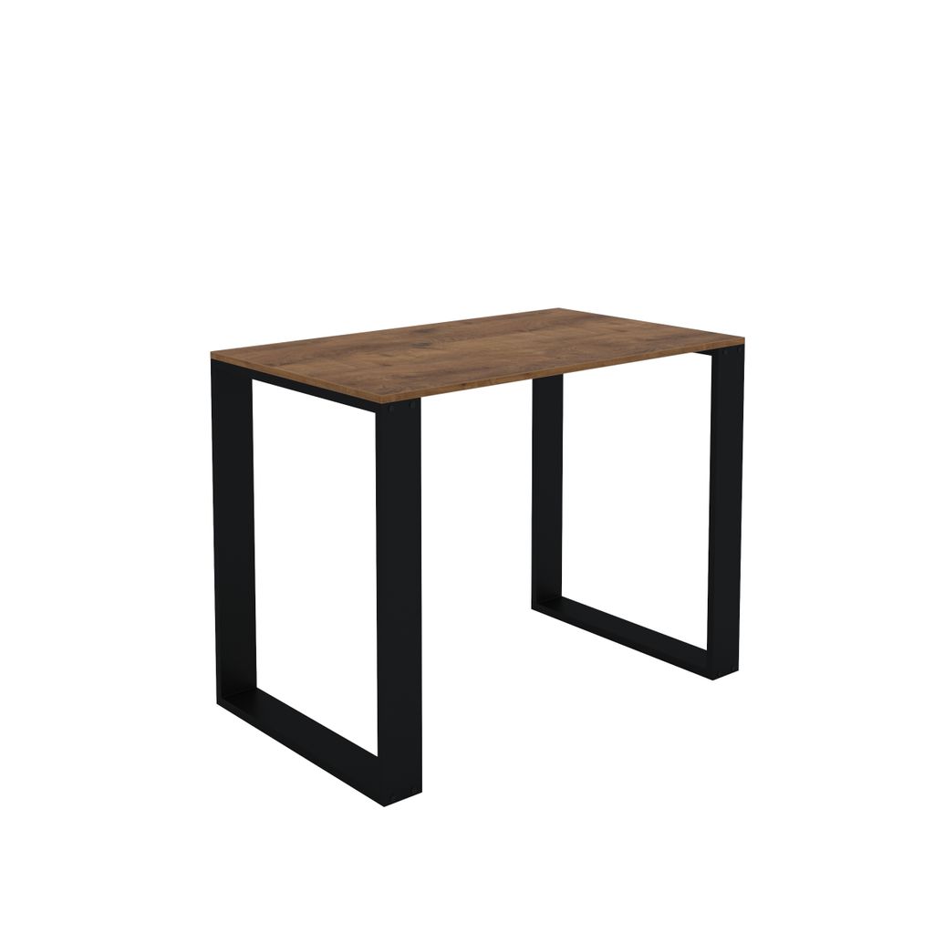 A product shot of a table with a wooden top and black metal legs.