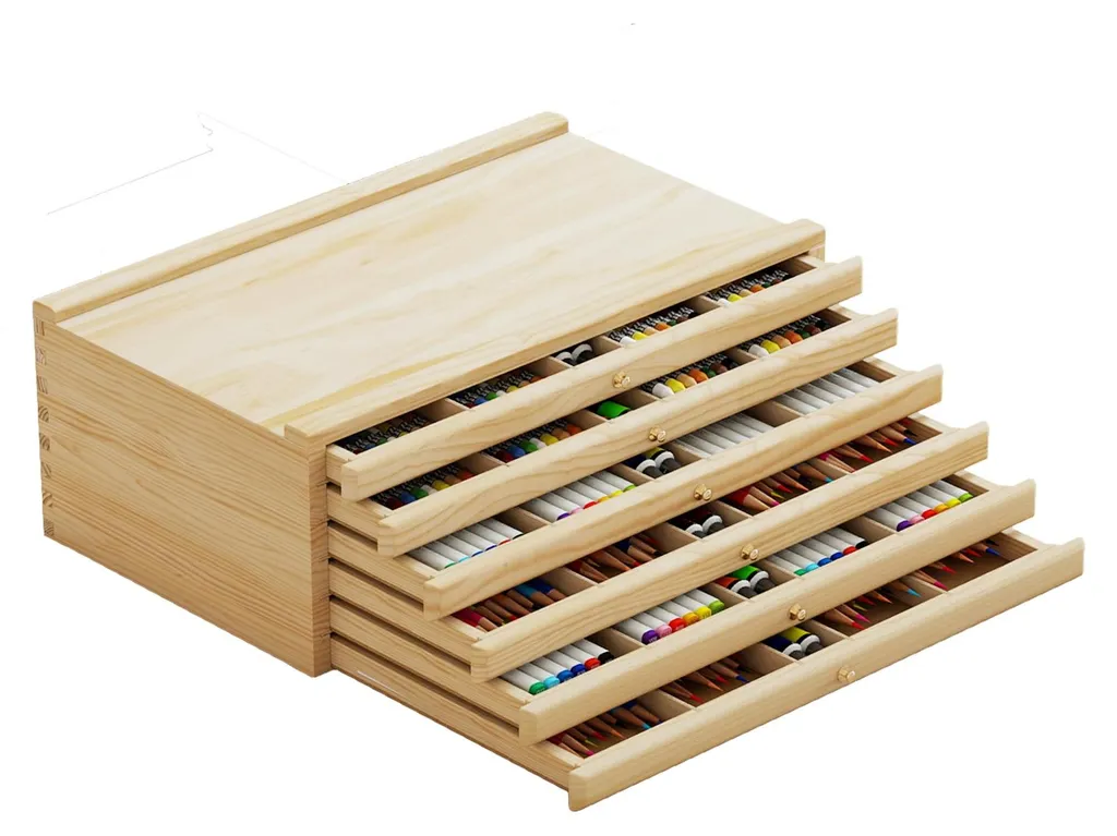 Rangement matériel d'art et peinture acrylique avec 6 tiroirs bois