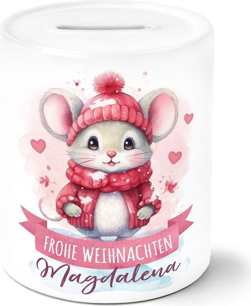 Kinder Spardose mit Namen und Spruch Frohe Weihnachten Tiermotive Geldgeschenke Sparschwein Keramik SpecialMe Maus 2 weiß Spardose