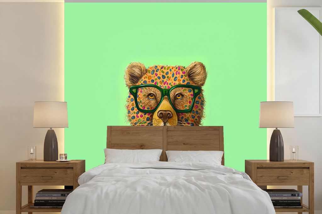 MuchoWow Fototapete für Wohnzimmer oder Schlafzimmer Wandtapete Vinyl Motivtapete Bär - Farben - Brillen - Tier - Blumen - 220x220 cm - Tapeten