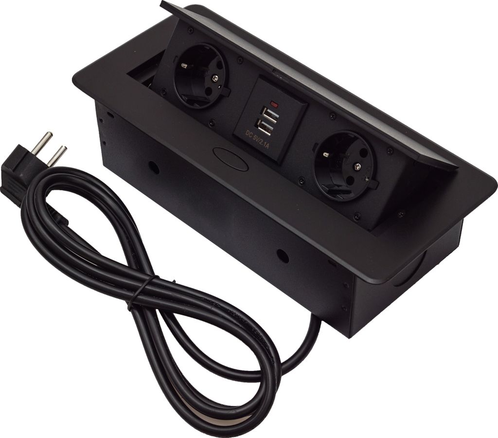Einbausteckdose Tischsteckdose Küche Wand 2-Fach Steckdose 230V Schuko mit zwei USB-Modulen Schwarz