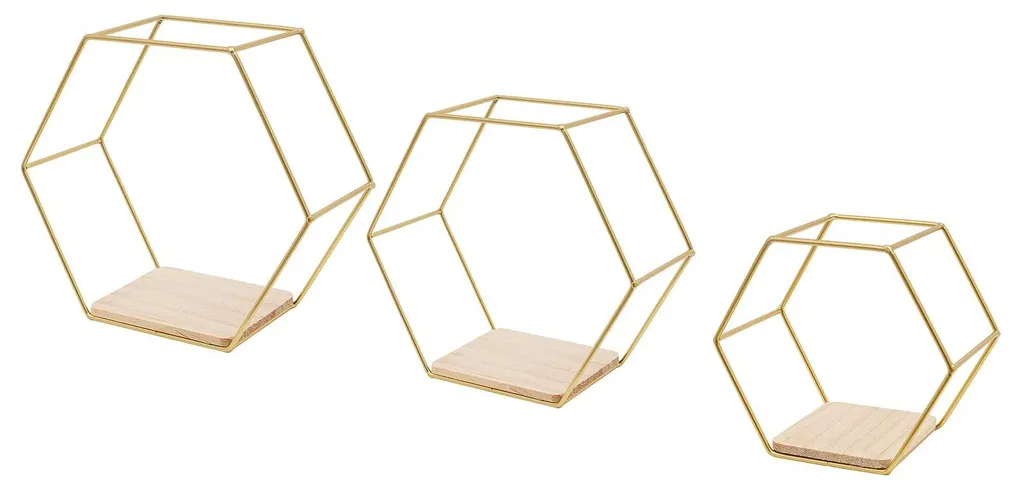 Étagère murale hexagonale en métal doré et bois - Ensemble de 3 pièces
