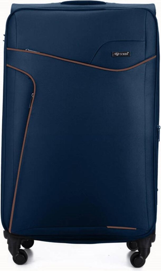 A navy blue suitcase with brown trim, shown from the front.