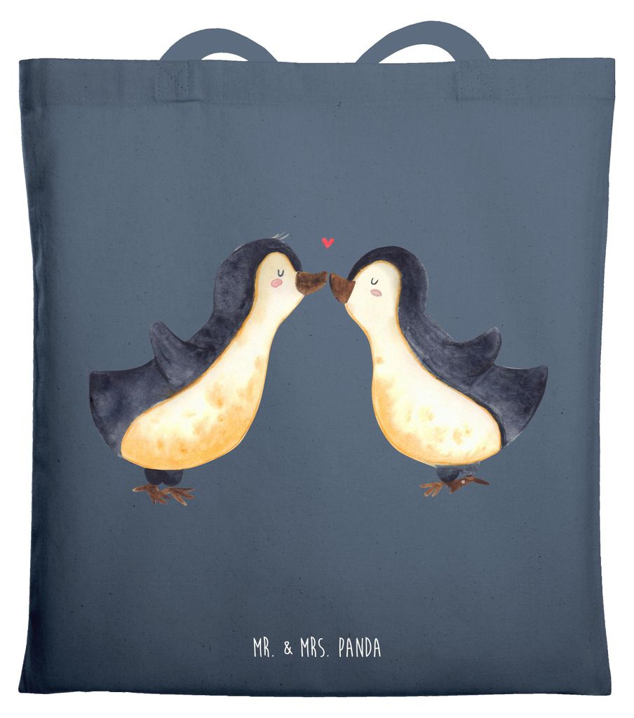 Mr. & Mrs. Panda Jutebeutel Pinguin Liebe - Indigo Blue - Geschenk, Pärchen, Geschenkidee, Tasche, Laptoptasche, Tote Bag, Schultasche, Freundin, ...