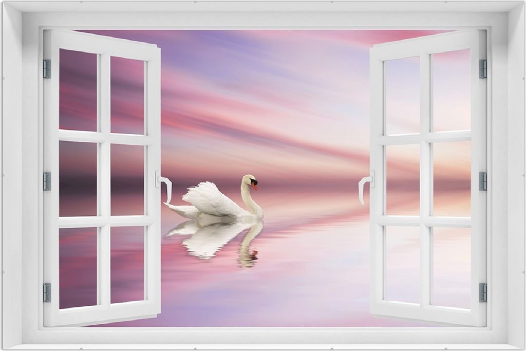 Wallario Wandbild mit Fenster-Illusion: Weißer Schwan im rosafarbenen See, Größe: 61 x 91,5 cm, Poster mit rahmenlosen Bildhalter