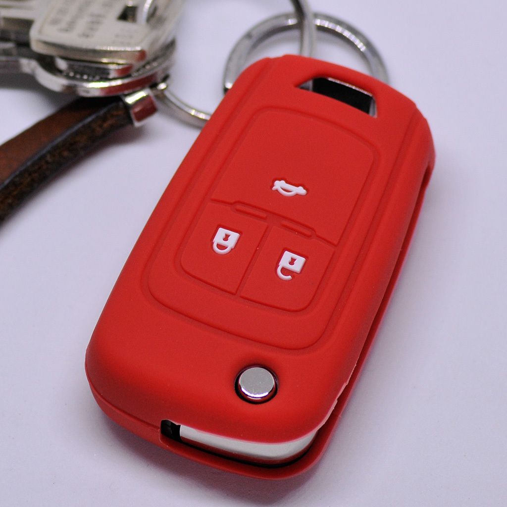 Auto Schlüssel Silikon Schutz Hülle Rot kompatibel mit Opel Insignia Zafira Meriva ab 2008 Chevrolet Cruze Trax Matiz Aveo Spark 3 Tasten Klappsc...