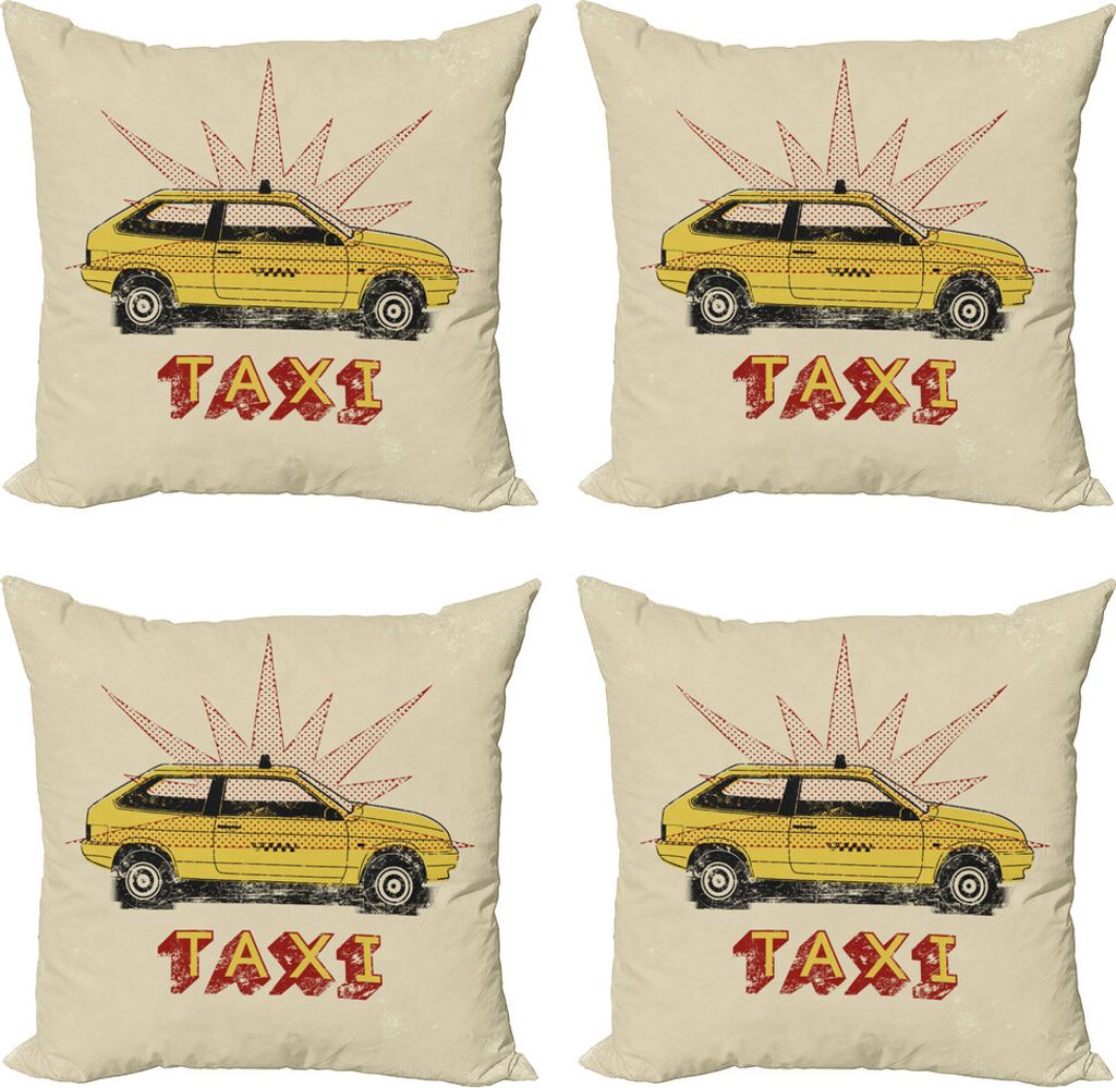 ABAKUHAUS Retro Kissenbezug Set (4 Stück), Pop-Art-Taxi-Weinlese, Moderner Doppelseitiger Digitaldruck, 40 cm x 40 cm, Beige Gelb Rubin