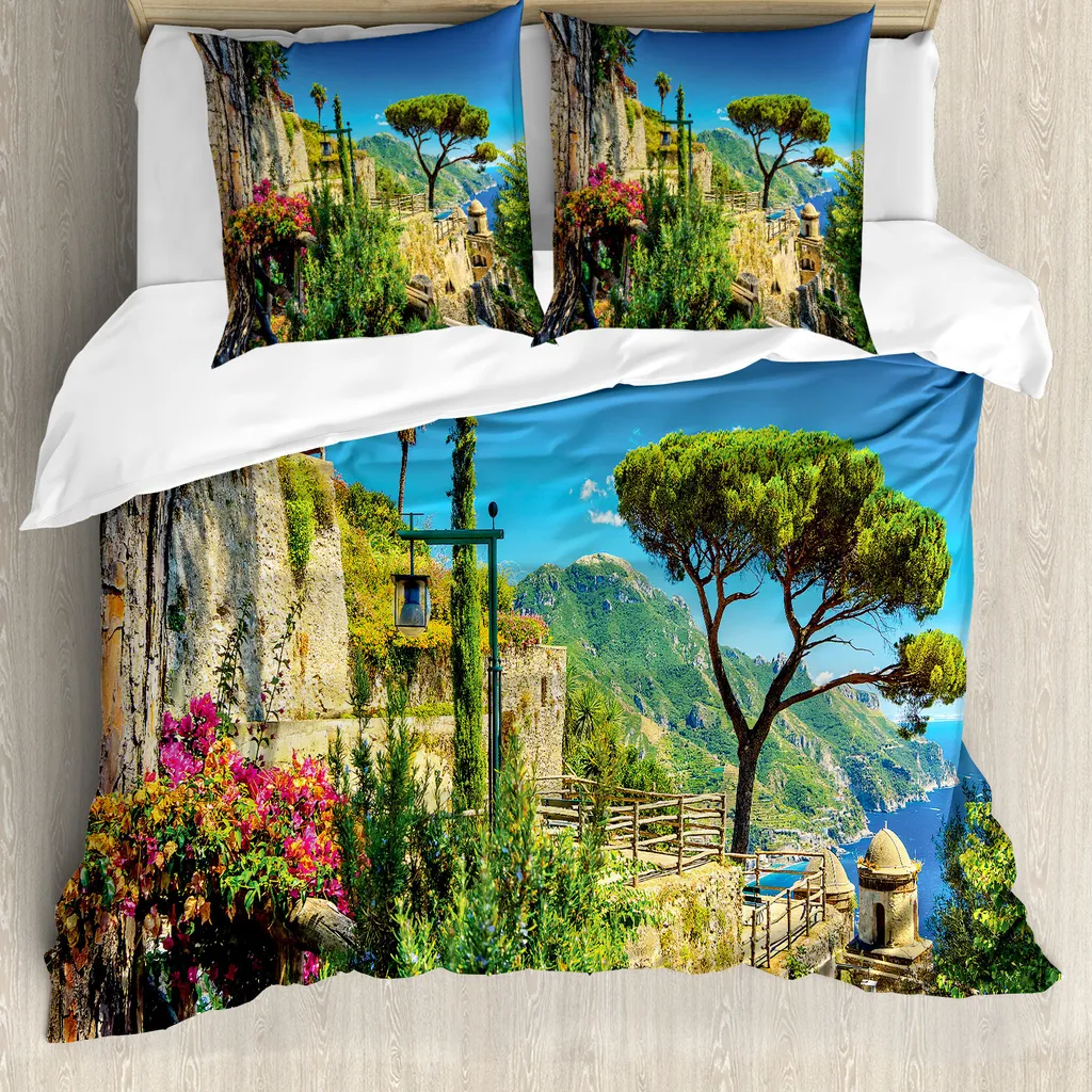 ABAKUHAUS Copripiumino paesaggio, alberi in fiore nel villaggio, antiacaro, adatto a chi soffre di allergie, con federe, 155 cm x 220 cm - 80 x 80 cm, multicolore