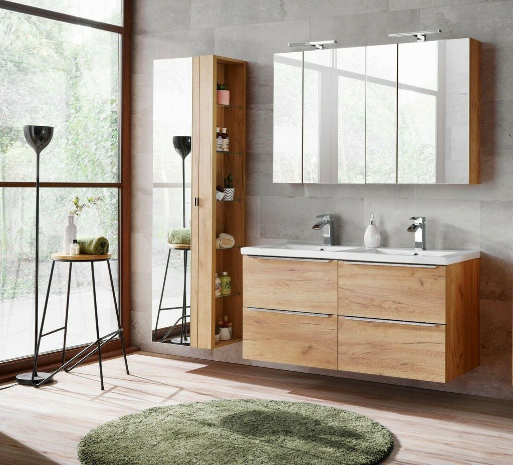 Badmöbel Set CAPRI EICHE GOLD 120 cm mit Doppelwaschbecken LED SOFT - CLOSE Waschtisch, Spiegelschrank Hochschrank
