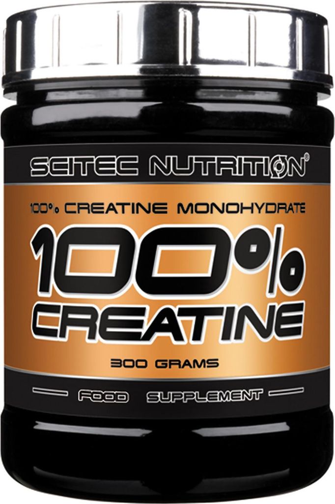 A black plastic container of Scitec Nutrition 100% Creatine Monohydrate powder.