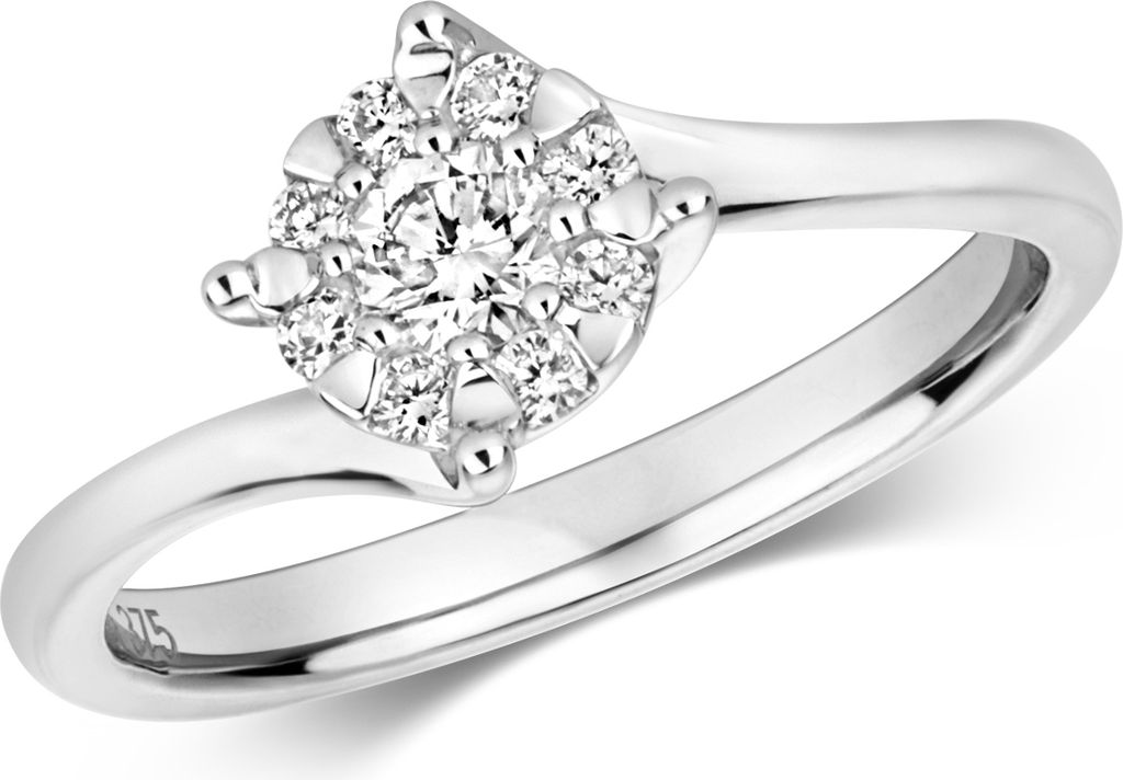 Funkelndes Feuer 9 Karat (375) Weißgold Damen - Diamant Solitärring Brillant-Schliff 0.30 Karat G - I1 I2, 58 (18.5); TRS316749KWRSQ