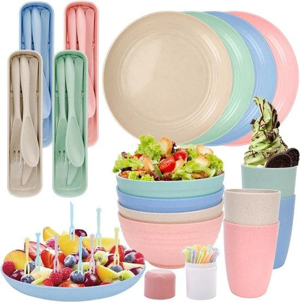 Set de table camping 4 personnes, plastique sans BPA, léger et compact