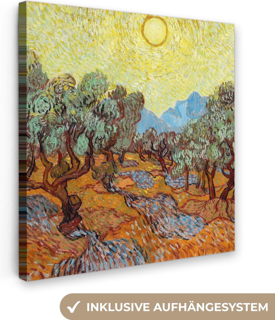 MuchoWow - Leinwandbilder - Olivenbäume mit gelbem Himmel und Sonne - Vincent van Gogh, Wandbild, Wanddeko Bilder Wohnzimmer, 90x90 cm