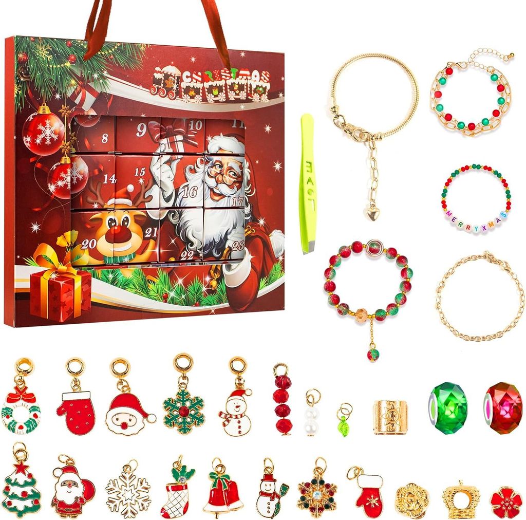 Adventskalender 2025 Mädchen Schmuck Basteln Armbänder Halsketten DIY Set 24 Überraschungen Weihnachten Geschenk Kinder 6-13 Jahre