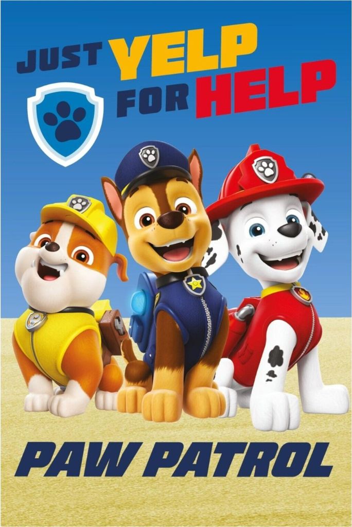 Three Paw Patrol characters are shown in the foreground against a blue sky and tan ground. Text is displayed above and below the characters.