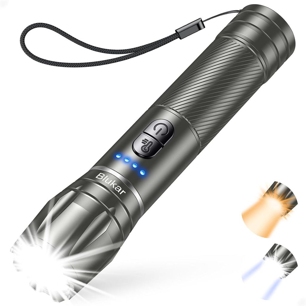 Blukar LED Taschenlampe aufladbar superhell & zoombar, 2 Farbtemperaturen, 10 Modi, IPX6 wasserdicht, lange Akkulaufzeit für Camping Outdoor Notf...