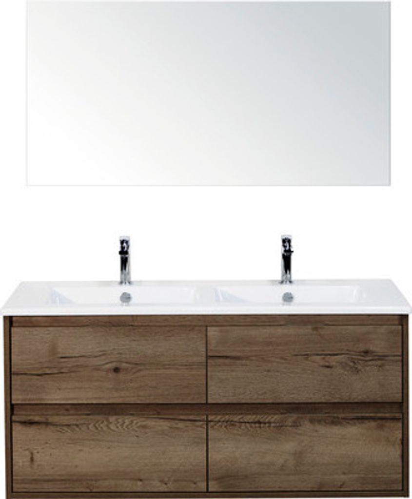 Badmöbelset 3-teilig Doppelbadmöbel Sanox Porto BxHxT 121 x 170 x 51 cm Frontfarbe tabacco weiß und Keramik-Doppelwascht
