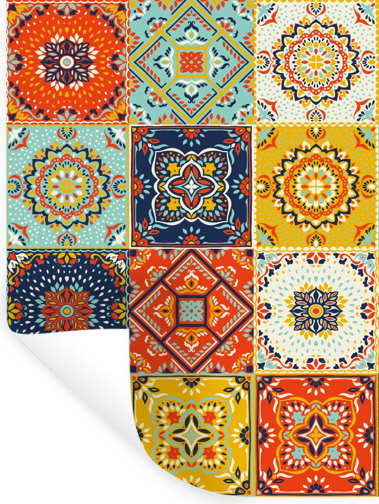 MuchoWow Wandtattoo Wandsticker Wandaufkleber Vintage - Blumen - Muster - Weiß - Orange 60x80 cm Selbstklebend und Repositionierbar - Reposition...