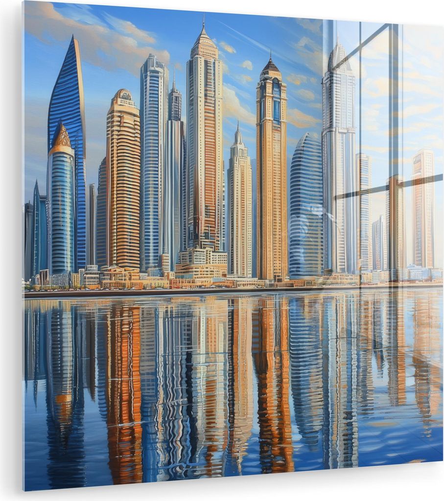 MuchoWow Glasbilder - Bilder auf Wandbild - Foto auf Glas Skyline - Wolkenkratzer - Wasser - Blau 50x50 cm Wanddekoration aus Glas - Acrylglasbild ...