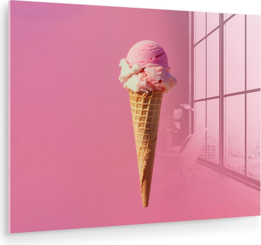 MuchoWow Glasbilder - Bilder auf Wandbild - Foto auf Glas Horn - Schaufel Eiscreme - Rosa 80x60 cm Wanddekoration aus Glas - Acrylglasbild - Acrylb...