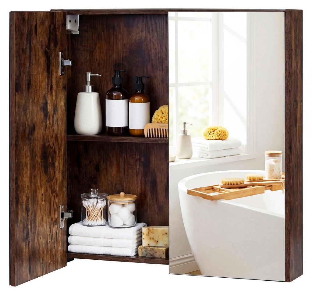 COSTWAY Spiegelschrank Bad, Badezimmerschrank mit 2 Spiegeltüren & Ablage, Badschrank, Hängeschrank, Wandschrank holz, 62 x 11 x 65 cm, Braun