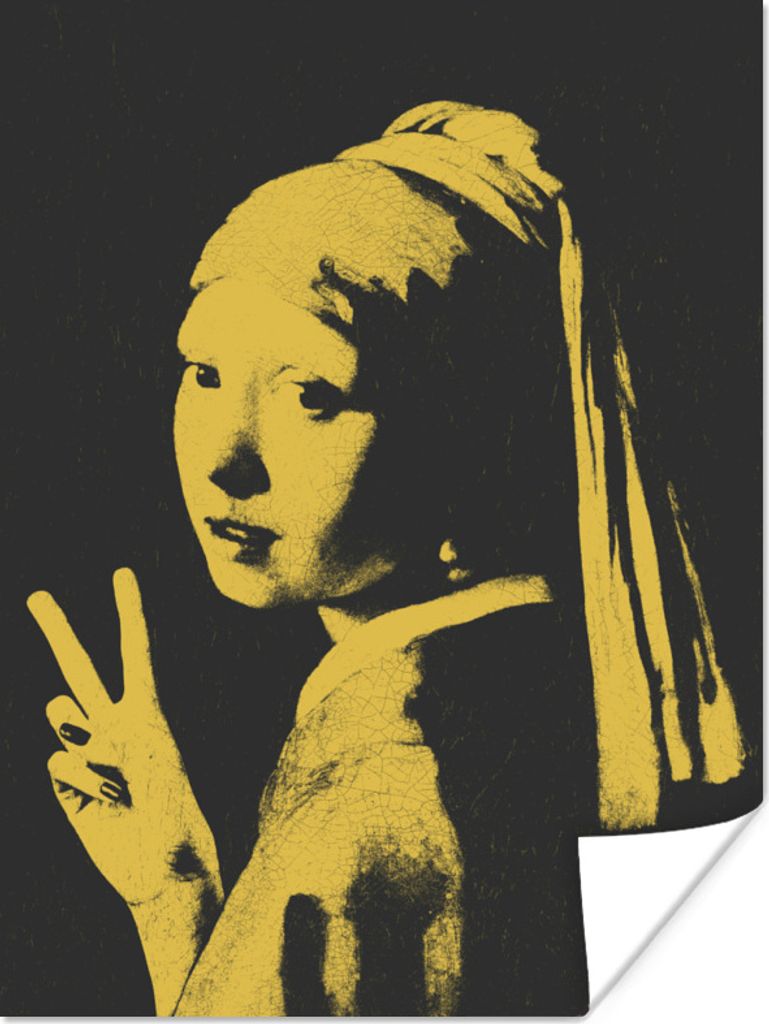 MuchoWow Poster Mädchen mit Perlenohrring - Vermeer - Schwarz - Gelb 60x80 cm - Schlafzimmer Dekoration